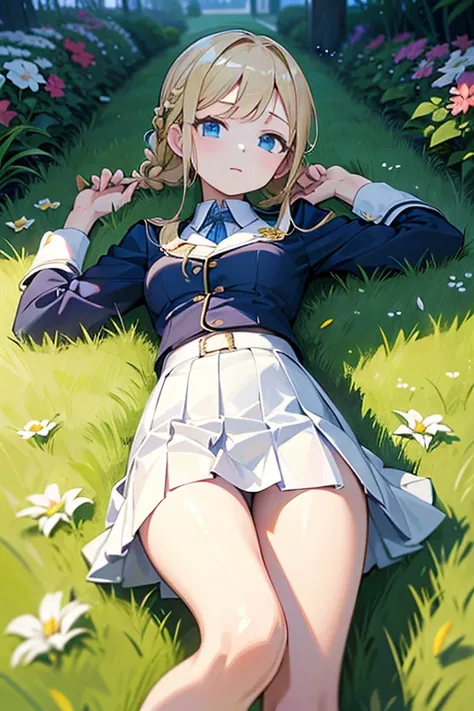 masterpiece, highest quality, High resolution, 14-year-old girl、blue eyes、
blonde,  Braiding、uniform, White shirt, Check skirt, White panties、garden、Lying on the grass