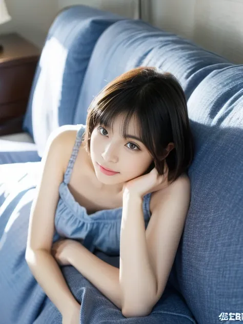 Wearing a blue dress lying on the sofa,Age 25,Japanese women, Short Bob Hair,Sayaka Okada, Young and cute gravure idol, Young and skinny gravure idol, Young Gravure Idol, realistic Young Gravure Idol, Young Sensual Gravure Idol, A sophisticated gravure ido...