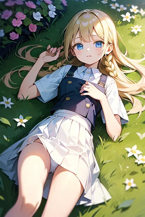 masterpiece, highest quality, High resolution, 11-year-old girl、blue eyes、
blonde,  Braiding、uniform, White shirt, Check skirt, White panties、garden、Lying on the grass