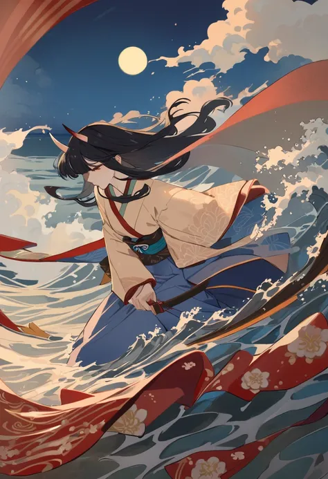 (masterpiece, best quality:1.1),flat color,
woman standing on waves,sad,
oni horn,
navy long hair,hair over eyes,
pale skin,
blue and white kimono,
stormy sea,midnight,newmoon,
gray background,
Ukiyo-e style illustration,dynamic angle,dynamic angle,beautif...