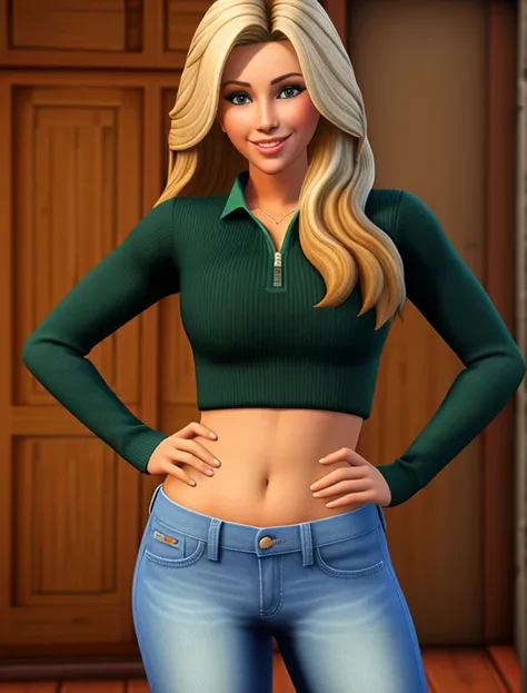 Realistic portrayal:1.2, photorealistic, 8k, Sam from Totally Spies! long slightly wavy flaxen blonde hair (big hair, big volume), emerald green eyes and fair skin; smiling,wearing a full body denim outfit. beautifully photographed, ultra detailed hair & e...