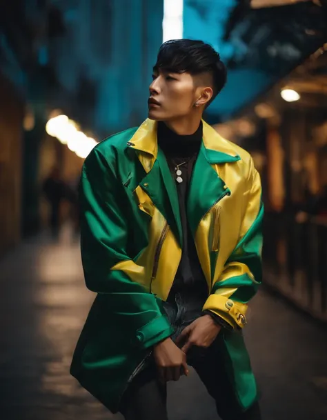 fashion photo of a Korean male model with buzzcut hair in a random style wearing a lightning cinematic style trend jacket