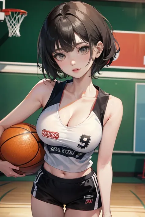 1girl,solo,cute,black hair and short hair,big bust, cleavage,have a basketball,in basketball court,schools gym