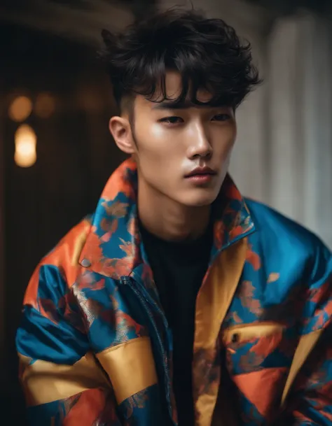 fashion photo of a Korean male model with messy buzzcut hair wearing a colorful trend jacket in a lightning cinematic style