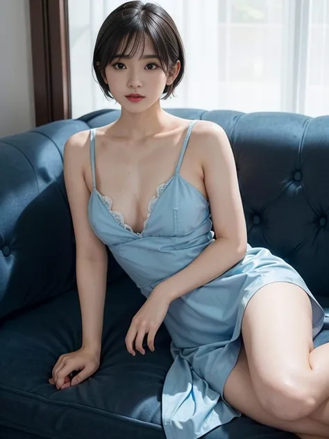 Wearing a blue dress lying on the sofa,Age 25,Japanese women, Short Bob Hair,Sayaka Okada, Young and cute gravure idol, Young and skinny gravure idol, Young Gravure Idol, realistic Young Gravure Idol, Young Sensual Gravure Idol, A sophisticated gravure ido...