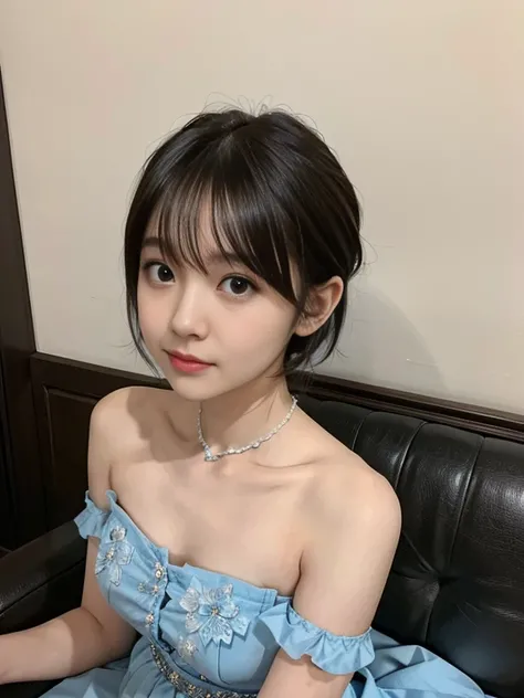 Wearing a blue dress lying on the sofa,Age 25,Japanese women, Short Bob Hair,Sayaka Okada, Young and cute gravure idol, Young and skinny gravure idol, Young Gravure Idol, realistic Young Gravure Idol, Young Sensual Gravure Idol, A sophisticated gravure ido...