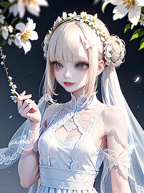 raw photo, 8k, (top-quality), Realistic, (real picture, Intricate details), (natural skin texture, detailed skin, hyper realism, sharpness), Japanese teenage girl dancing in the clear sky high, (white flowers, white petals:1.2, On the mysterious hill where...