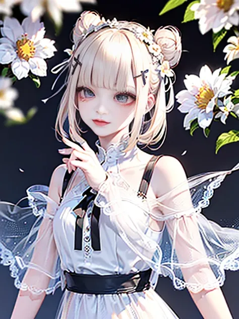 raw photo, 8k, (top-quality), Realistic, (real picture, Intricate details), (natural skin texture, detailed skin, hyper realism, sharpness), Japanese teenage girl dancing in the clear sky high, (white flowers, white petals:1.2, On the mysterious hill where...