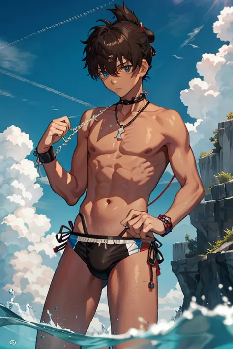 Tied up　torture　male　anime　fight　juvenile　Swimwear　Slender　Tea Skin　back　Brown Skin