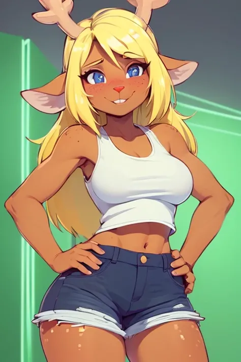 (noelle, furry female anthro, blonde hair, deer girl, red deer nose, white eyes, white pupils, white crop top, Jean shorts, big breasts), hands on hips, wide hips, green neon city, smiling, blushing