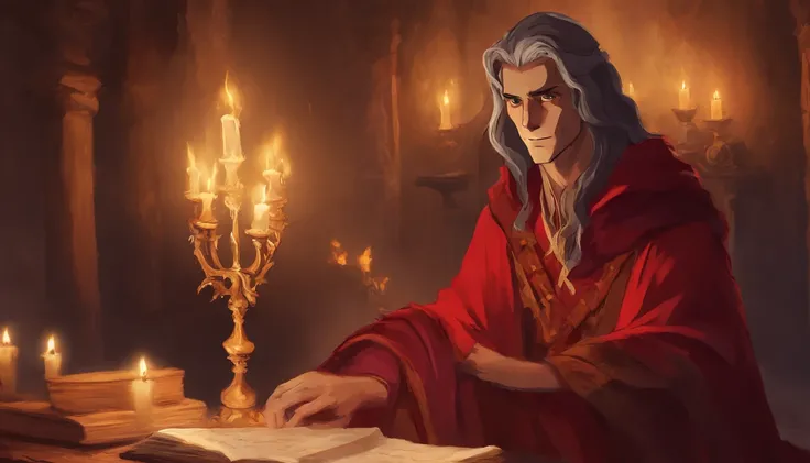 masterpiece,(masterpiece, top quality, Best quality, Raistlin Majere, a young man with golden skin sitting at a table，long white gray hair, in front of him is a large open ancient tome; candles, candelabra, red mage robe, Half of the face is hidden by the ...