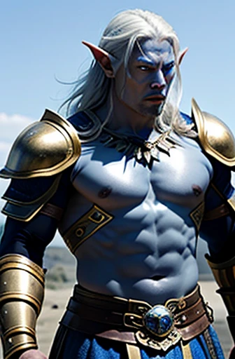 Blue Skin　Fierce　Elf　Warrior　Golden Armor　Silver Hair　male　Lord of the Rings　Dwayne Johnson