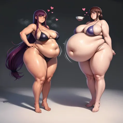 A young woman in a bikini, massive bloated overstuffed heavy protruding bulging obese belly, hyper massive fat tall wide round heart shaped bubble butt, wide fat hips, massive fat round breasts, deep long cleavage, so full it hurts, gurgling belly, sloshin...