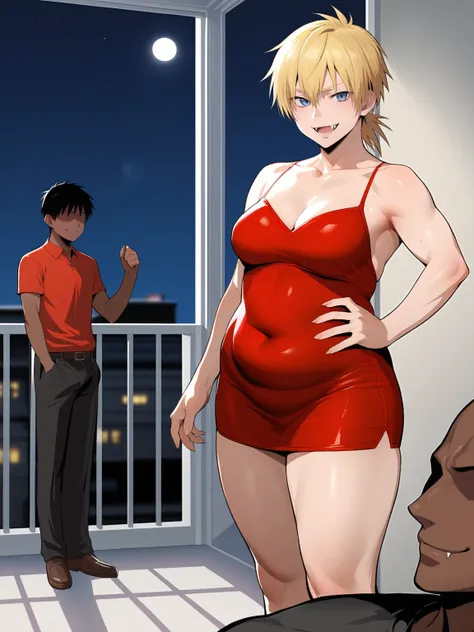 score_9, score_8_up, source_anime, standing, hellsing, seras, blonde hair, nude, indoors, night, night sky, nighttime, vampire, smirk, fangs, ikuchan, balcony, town background, clothed, male wearing shorts, muscular male, medium breasts, boyfriend, couple,...