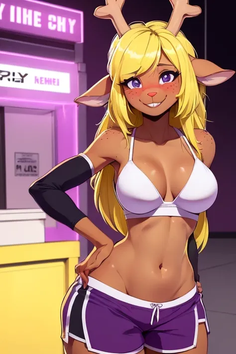 (noelle, furry female anthro, blonde hair, deer girl, red deer nose, white eyes, white pupils, purple and gold bra, purple shorts, big breasts, midriff), hands on hips, wide hips, green neon city, smiling, blushing