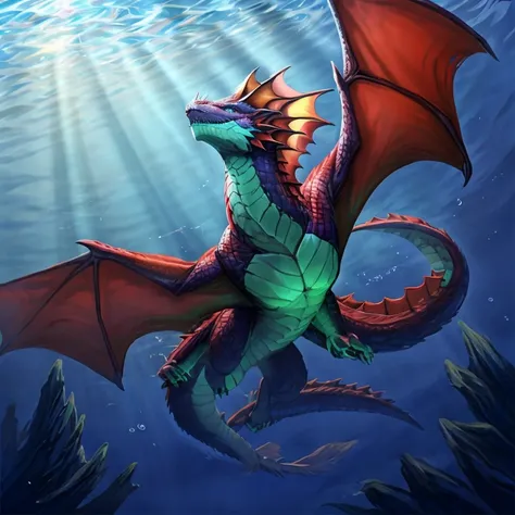 Underwater, deep underwater, ocean depths, looking up, aquatic dragon swimming overhead, looking at dragon from below, body like an alligator, large powerful tail, swimming with tail, wide shot, breathtaking, gorgeous