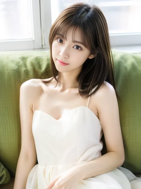 Wearing a white dress lying on the sofa,27 years old,Japanese women, Medium Hair,Young and cute gravure idol, Young and skinny gravure idol, Young Gravure Idol, realistic Young Gravure Idol, Young Sensual Gravure Idol, A sophisticated gravure idol