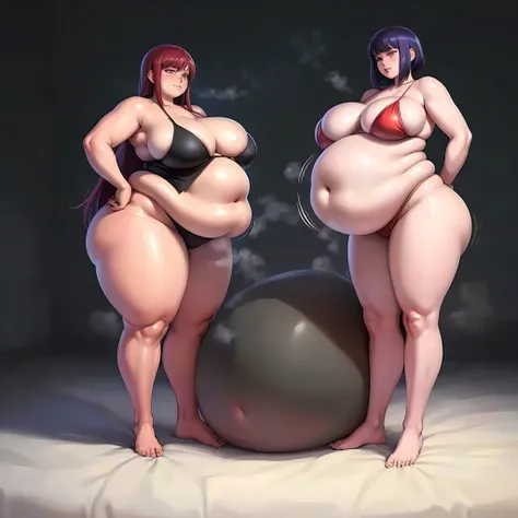 A young woman in a bikini, massive bloated overstuffed heavy protruding bulging obese belly, hyper massive fat tall wide round heart shaped bubble butt, wide fat hips, massive fat round breasts, deep long cleavage, so full it hurts, gurgling belly, sloshin...