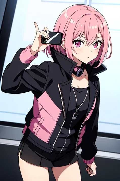 create an anime character with a black jacket with a phone around the neck, cute pink hair