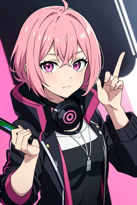 create an anime character with a black jacket with a phone around the neck, cute pink hair