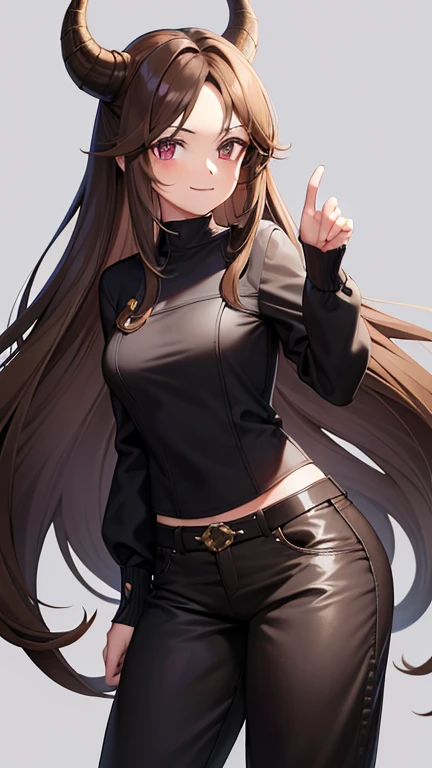 mujer adulta, Long brown hair, hair in a bun, ojos cian, dragon horns, pantalones ajustados negros, Top ajustado negro, Chaqueta de cuero blanca, smile, Obra maestra, alta calidad