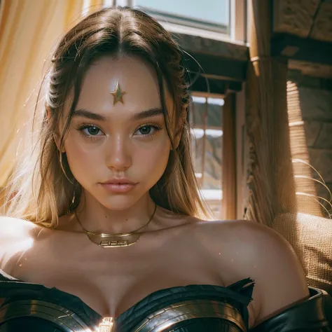 realistic Alexis Ren wearing a sexy full body wonder woman outfit, 4k resolution, zoomed out image, blonde hair, looking at viewer, masterpiece, best quality, highly detailed, (beautiful and detailed face), Perfect female body, (Best Quality), (ultra-detai...