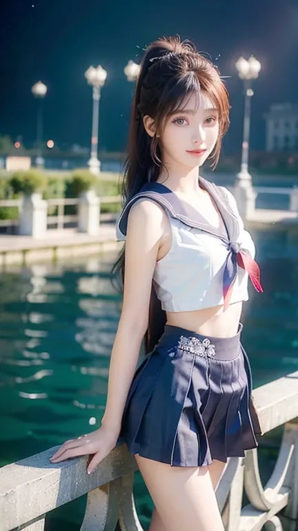 An innocent 18-year-old girl, (sailor uniform:1.3), (Dramatic Pose),smile, (High Ponytail),natural Park、RAW Photos, (8k, highest quality, masterpiece:1.2), (Intricate details:1.4)、(Photorealistic:1.4), Octane Rendering, Complex 3D rendering with ultra-deta...