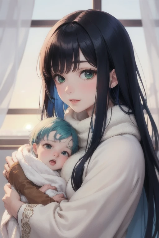 anime mom with long black hair with bangs, brown eyes, test canela, carrying a newborn baby girl with blue hair, green eyes in h...