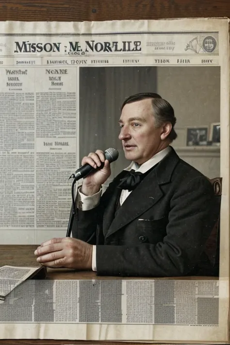 Old newspaper with the title "Mr. Norrisom" (presents) a microphone on a table, a number 69 in volume 