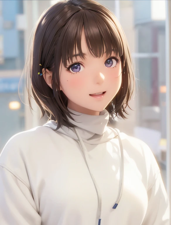 High resolution,In 8K,highest quality,detailed,Semi-realistic anime,Anime 3D Style,Smooth anime CG,One Girl,19-year-old woman in Japan,slim,Modeled,Shiny brown hair,Medium Hair,detailedな顔,Beautiful and detailed,Glowing Skin,Light Turtleneck Shirt,Ivory col...