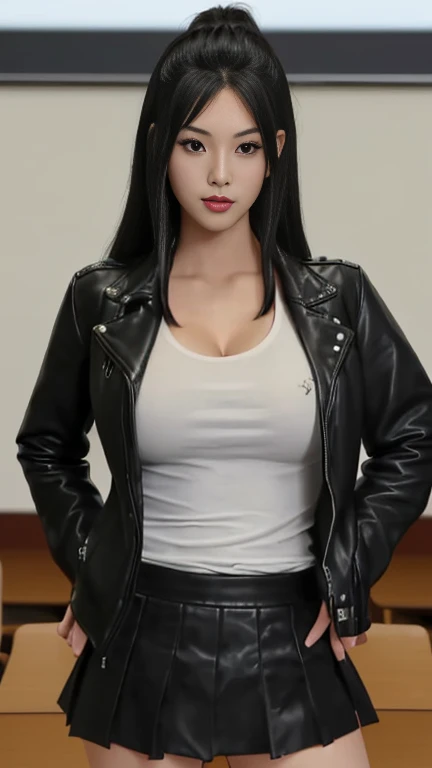 yamato, beautiful girl, black hair, big breasts, wearing a leather jacket, wear shorts skirt,sexy post, in the classroom.