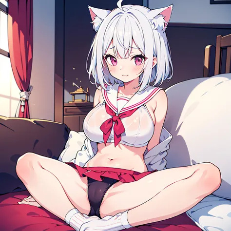 1 girl,High,abdomen,Ultra-short sailor suit，Large Breasts，Room，Face is so red，slim，Chest:3，Incredibly sexy，one person，Cat ear，Full body shot，Duck sitting，miniskirt，Black socks，Reveals pink underwear，White hair