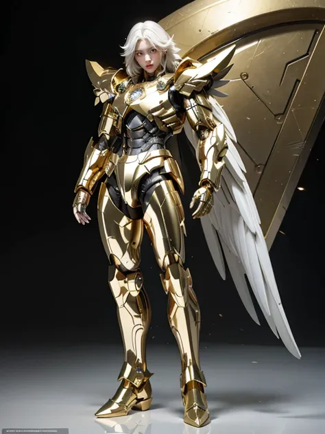 fullbody angel, full body gold armor, male warrior, mecha humanlike armor, white anime style hair, white pupils eyes, 8k highly detailed