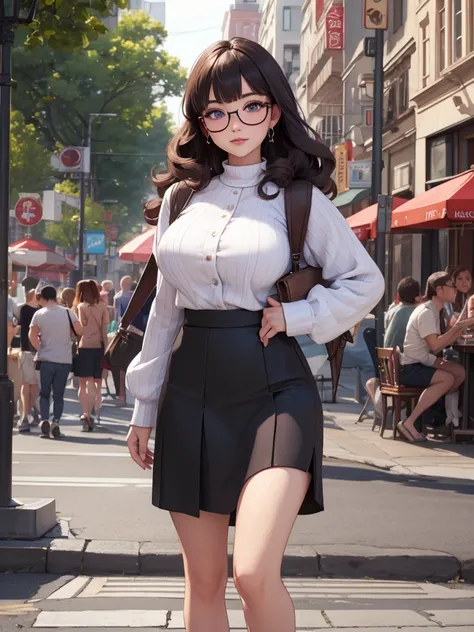 (masterpiece, professional photo:1.1), (8k, high resolution), single, solo women, European, (twirly curly messy hair (black)), sexy curve, beautiful face, ultra detail eyes, (glasses:1.1), large breast, (high waist accordion skirt:1.2), (purple high neck:1...