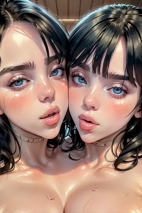 ((masterpiece)), ((best quality)), (detailed), perfect, solo, two-headed billieeilish, a woman, gorgeous woman, luscious lips, black hair, blue eyes, ((extremely detailed eyes)), eyes closing, deep cleavage, sexy, large breasts, (two heads, conjoined_dicep...