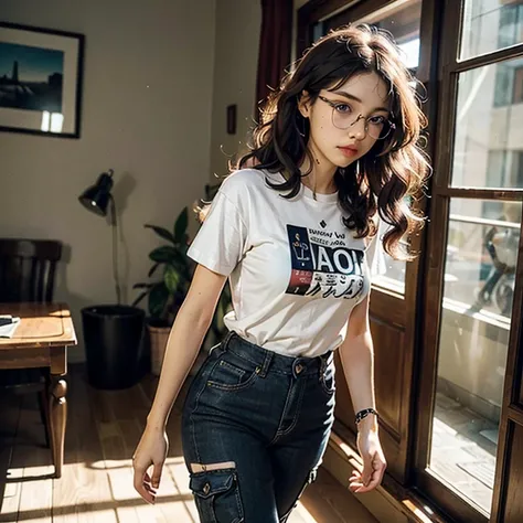 Masterpiece, intricate detail, 8k, hires, ultra detailed, extremely delicate and beautiful," 1woman in a cargo pants, graphic tee shirt, pair of sneakers, with a very long black wavy hair and blue eyes behind her nerdy glasses is walking away with sad fall...