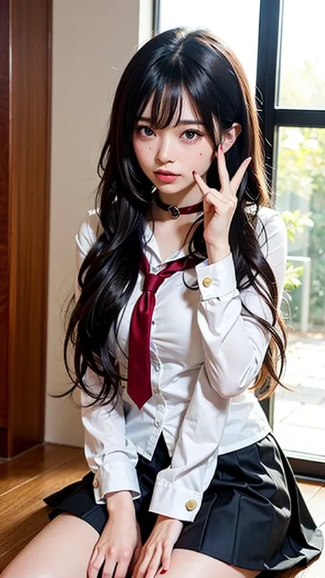 high school girl、uniform、Beauty、masterpiece, ultra detailed, hyper detailed, insanely detailed, detailed, high quality, best quality, exquisite, beautiful, woman, shy, wink, making a V sign, looking at viewer, black hair, big eyes, slant eyes, wide-eyed, h...