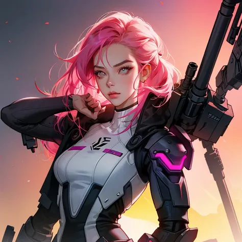 a woman with a gun standing in front of a sunset, cyberpunk cyborg. roses, rossdraws pastel vibrant, cybernetic neck implant, sci - fi : :, fuchsia skin below the armor, kim jung-gi, a portrait of an android, art »