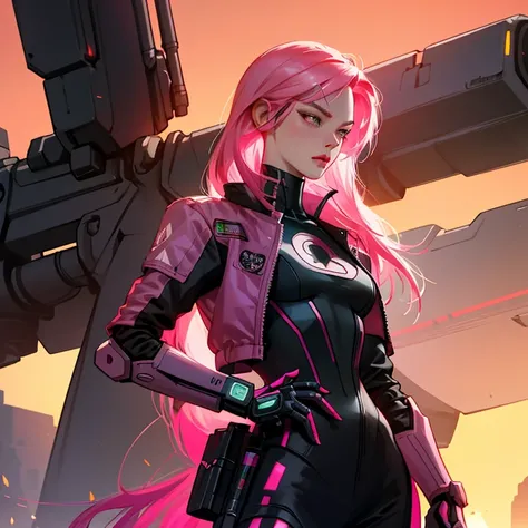 a woman with a gun standing in front of a sunset, cyberpunk cyborg. roses, rossdraws pastel vibrant, cybernetic neck implant, sci - fi : :, fuchsia skin below the armor, kim jung-gi, a portrait of an android, art »