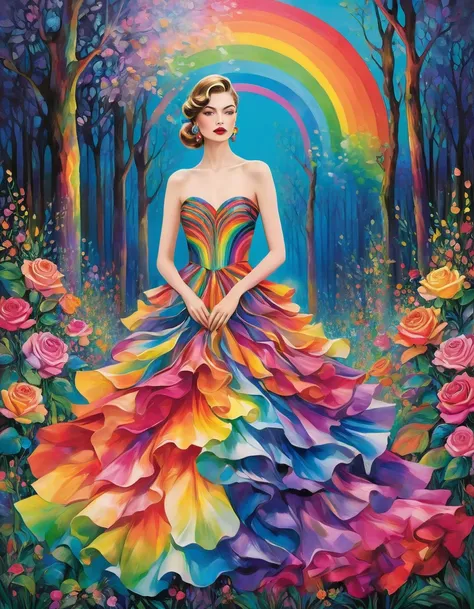 ransport viewers into a realm of awe-inspiring beauty and boundless imagination with an electrifying painting that marries the ethereal allure of a Rainbow Rose with the avant-garde glamour of high fashion.

Envision a transcendent fashion spectacle unfold...