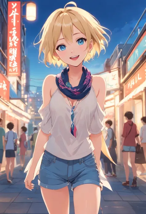 17 years old Women, ((Blonde)), ((Blue eyes)), ((Short hair)), ((Full shot)), very detailed makeup, pale pink lipstick, long earrings, bare shoulders and jewelry necklace, Scarf tied around the bust, jean shorts and high heels, with mischievous laugh