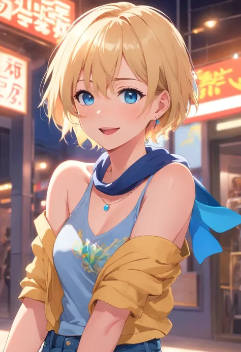 17 years old Women, ((Blonde)), ((Blue eyes)), ((Short hair)), ((Full shot)), very detailed makeup, pale pink lipstick, long earrings, bare shoulders and jewelry necklace, Scarf tied around the bust, jean shorts and high heels, with mischievous laugh