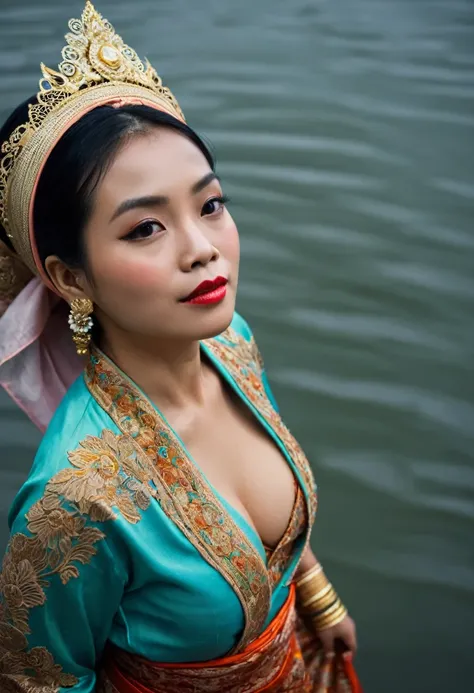 RAW, Best quality, high resolution, masterpiece: 1.3), beautiful javanese woman in traditional kebaya shoulder off (iu:0.8)1 beautiful javanese woman in kebaya, wearing traditional clothing,medium breast, ethnic accesories fashion, flowing shawl, sci-fi, h...