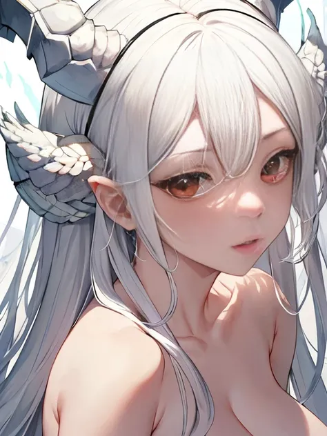 Close-up of a white-haired woman，She has a stunning face，White-haired god，huge ，Epic and beautiful characters，Amazing goddess，Long legs，Grapefruit控，nipple，whole body，Horns on the head，鳞片布满whole body，Wings on the back，Dragon Queen，Dragon Girl，no clothes，上半身...