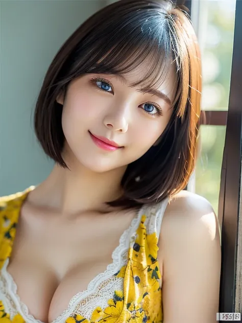 Medium Shot、(highest quality:1.5)、(Realistic:1.5)、(1 person:1.5)、(Very detailed)、(High resolution)、8k、Looking down、(Yellow floral camisole)、normal breasts、Natural color lips、Cute Smile、20-year-old girl、(Beautiful and elaborate face)、(Perfect and beautiful ...