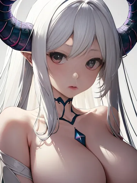 Close-up of a white-haired woman，She has a stunning face，White-haired god，huge ，Epic and beautiful characters，Amazing goddess，Long legs，Grapefruit控，nipple，whole body，Horns on the head，鳞片布满whole body，Wings on the back，Dragon Queen，Dragon Girl，no clothes，上半身...