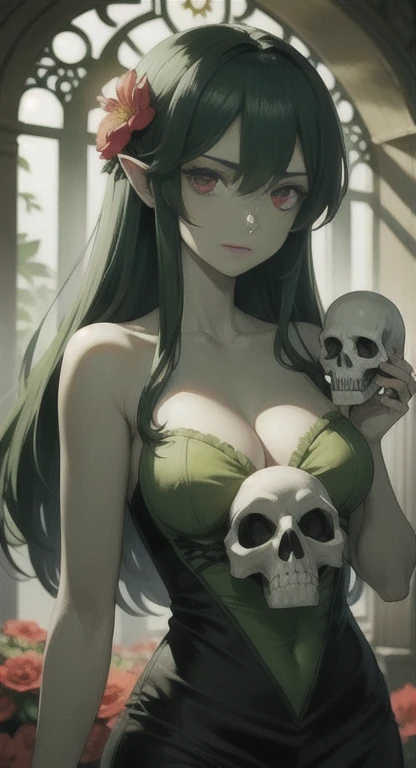 masterpiece, best quality, solo, cursed woman, flower hair, red eyes, green hair, dryad, green skin, holding a skull,