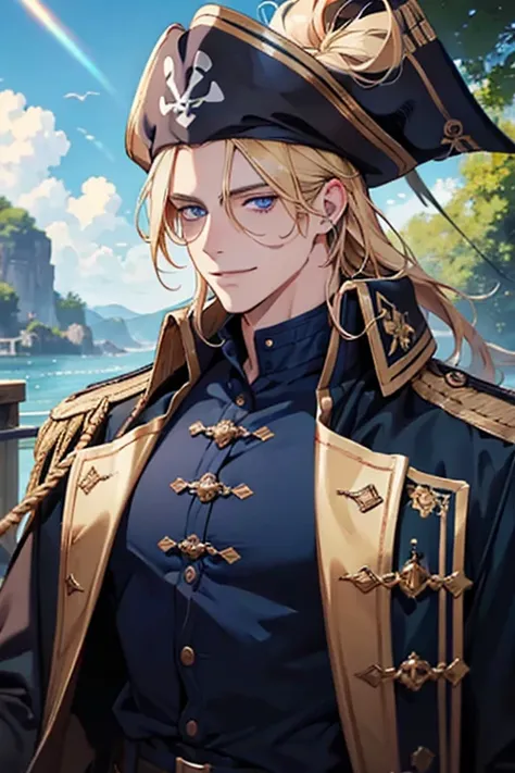 dark blue eyes, natural blonde hair, male, adult, smile, sunshine, pirate, moles on the face