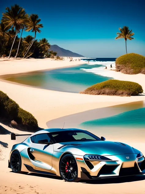 Amidst the tranquil expanse of the sandy beach, a Supra car glimmers in the sun, its metallic surface reflecting the shimmering water and the bright blue sky above. The car stands out against the serene landscape, its sleek curves and powerful physique a s...