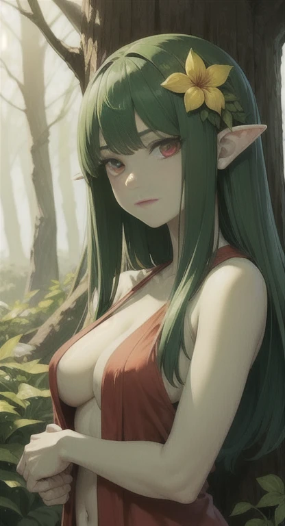 masterpiece, best quality, solo, cursed woman, flower hair, red eyes, green hair, dryad, green skin, forestfire,